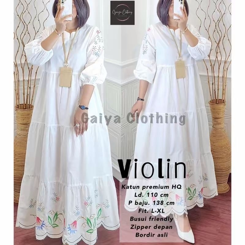 Gamis jumbo wanita katun bordir edisi khusus putih gamis bordir LD. 110 - VIOLIN / VANILA