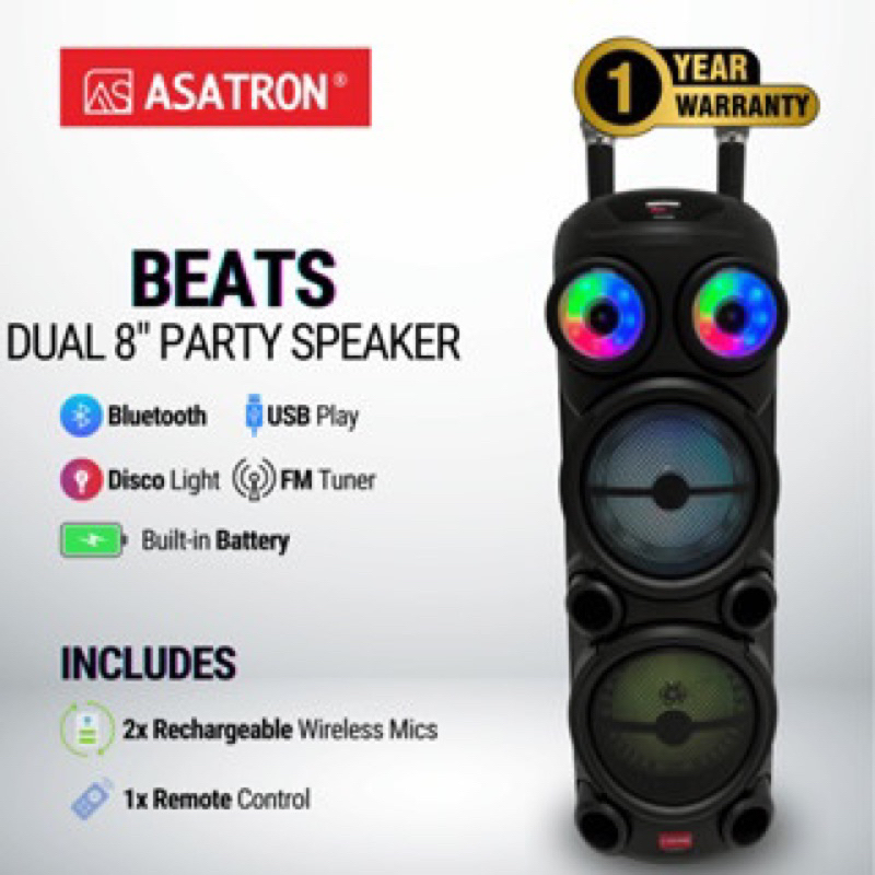 Asatron Beats Dual 8 Inch Asatron double speaker Bluetooth Asatron Party Speaker dengan 2 Wireless M
