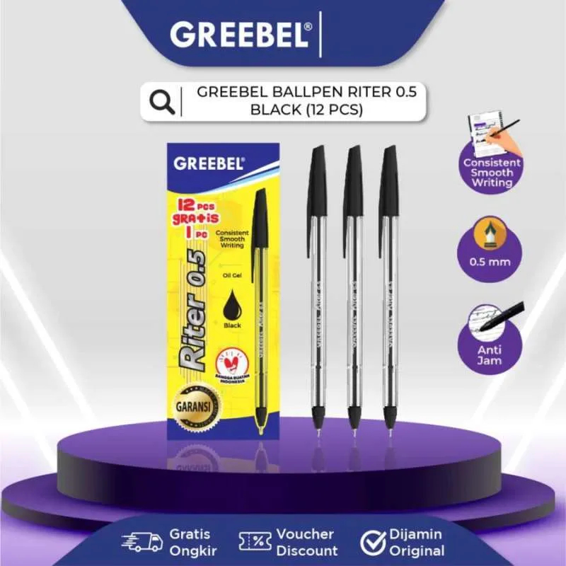 

GREEBEL PENA PULPEN RITER 1 KOTAK BALLPOINT PEN HITAM TERANG 0.5MM 12 + 1