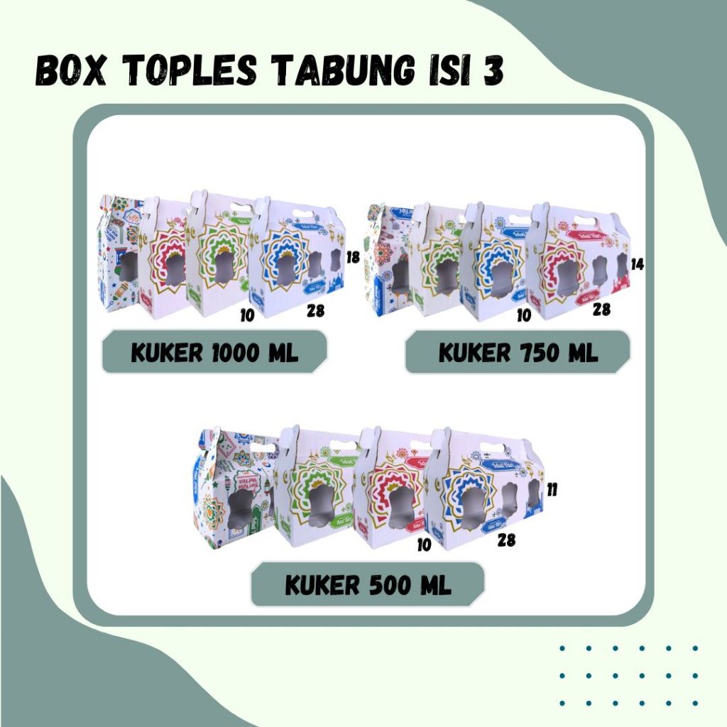 

Box Kuker Jar Isi 3 28x10x18 / 28x10x14 / 28x10x11 Jinjing JAR 1000ml/750ml/500ml Kardus Kue Kering / Idul Fitri /Hampers / Lebaran / Gable Box Polos/Motif/Ied Mubarak