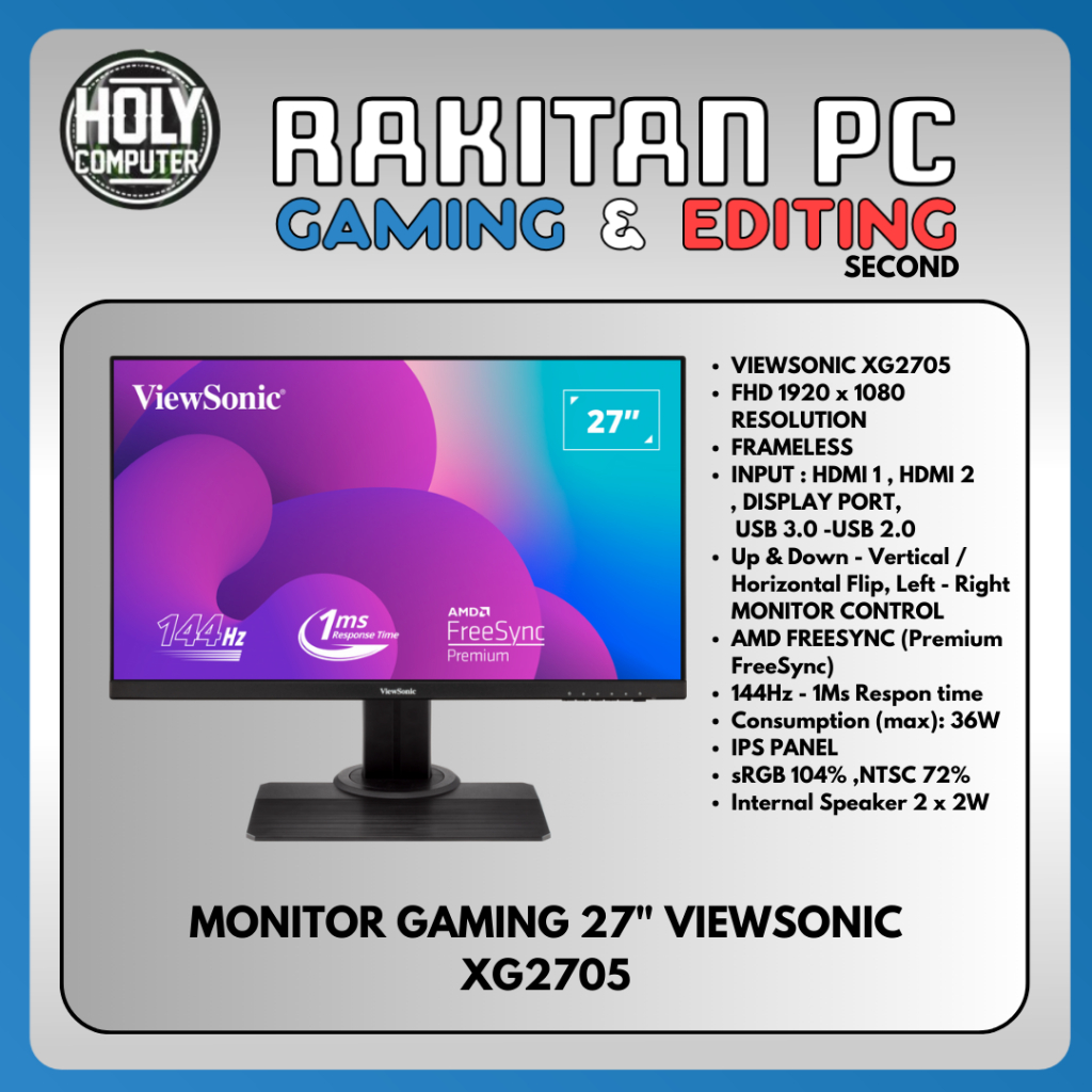 Monitor Gaming XG2705 144hz IPS Frameless Flip Horizontal - Vertical Second