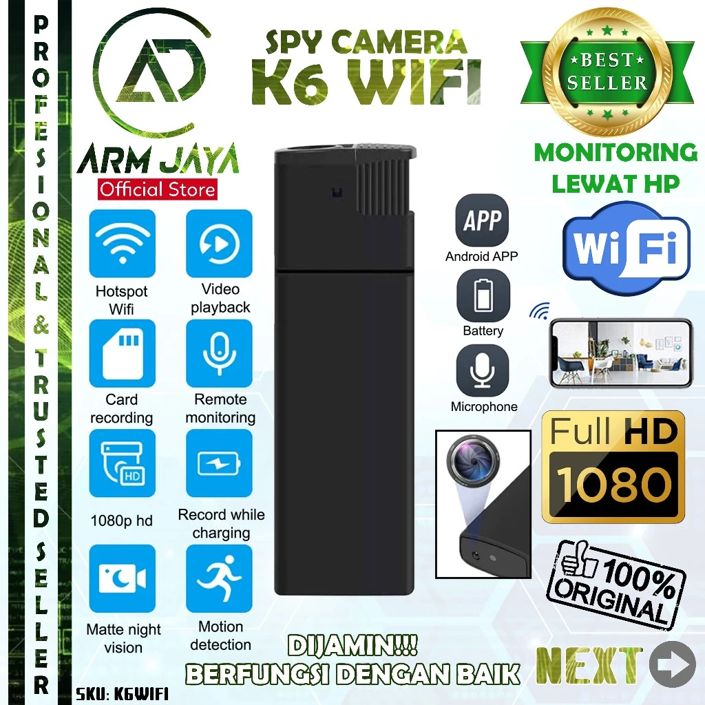 Armjaya Spy Cam Camera Lighter K6 WiFi Wirelles Kamera Unik CCTV Mini K6WIFI Pengintai Tersembunyi