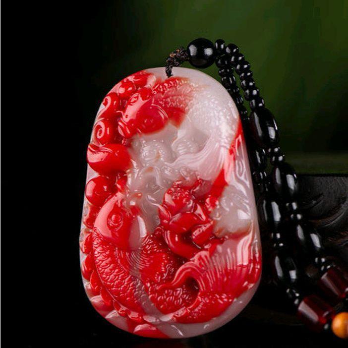 Liontin Ikan Koi Giok Batu Merah Putih - Red White Pisces Synthetic Jade Simple Pendant Necklace Fin