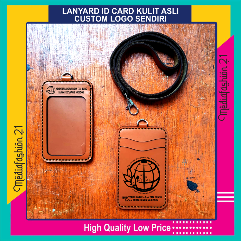 Tali Lanyard Gantungan Id Card Kulit Asli (Custom Logo Sendiri)
