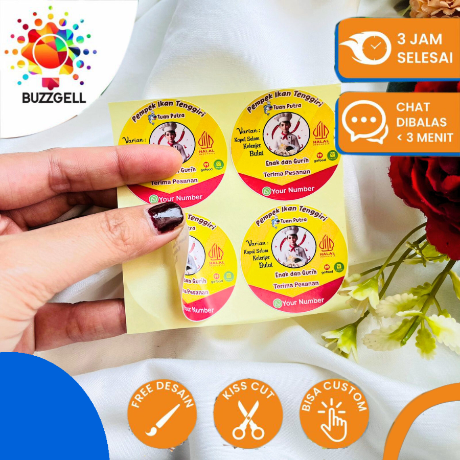 

9-15 Buzzgell Cetak Sticker Makanan Pempek Chromo Bulat Free Desain Custom Nama Cutting Kiss Cut