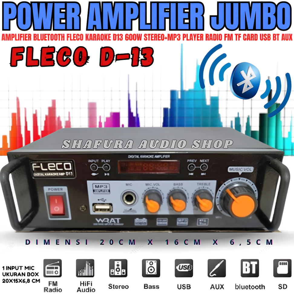 Amplifier Subwoofer Super Bass | Power Amplifier Bluetooth Fleco Karaoke D13 600w Stereo+Mp3 Player 