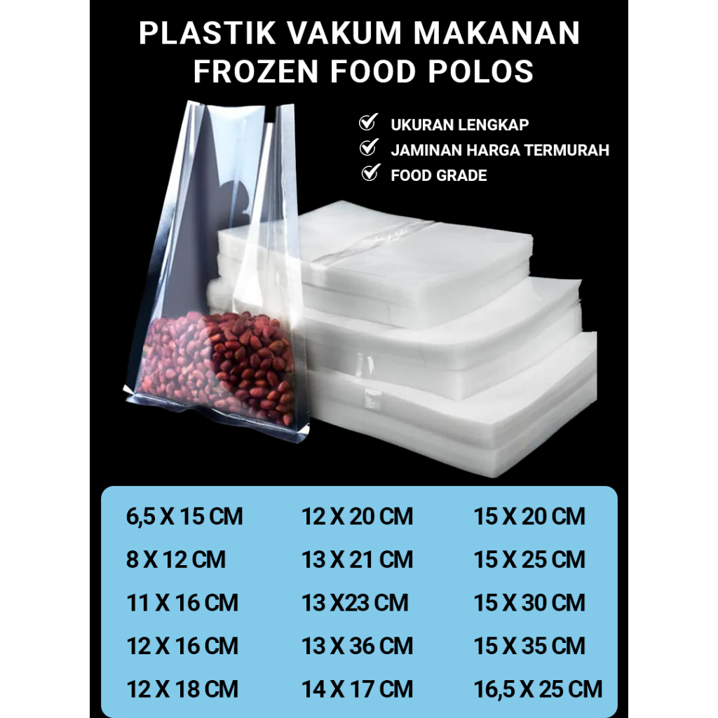 Kemasan Plastik Vakum Polos Makanan Food Grade Vacuum Bag Frozen Food Ukuran Lengkap