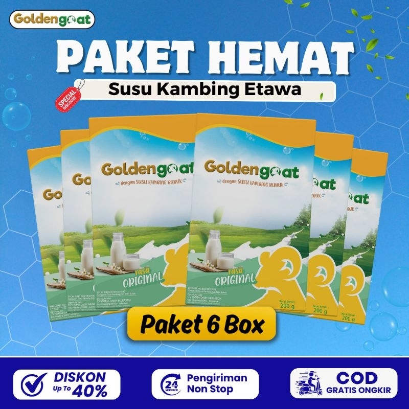 

PAKET 6 BOX GOLDENGOAT SUSU KAMBING ETAWA BUBUK ORIGINAL MURAH ATASI SESAK NAFAS NYERI SENDI TULANG LUTUT PUNGGUNG REUMATIK