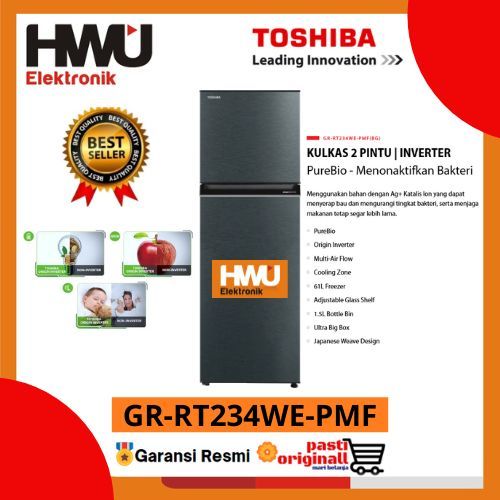 PROMO>>>TOSHIBA GRRT234WE KULKAS 2 PINTU 180 Liter INVERTER TEKNOLOGI GR-RT234WE-PMF(BG)