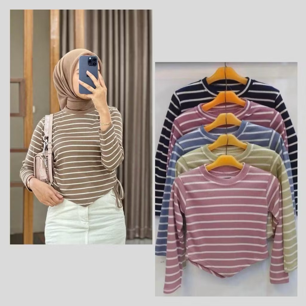 Kaos Rib salur Serut Samping - Valen top Blouse Serut - Kaos Rib Tali Serut samping