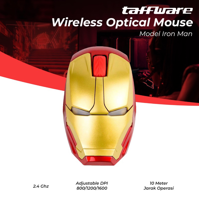 taffware mouse laptop pc komputer wireless optical iron man 2.4 Ghz m8