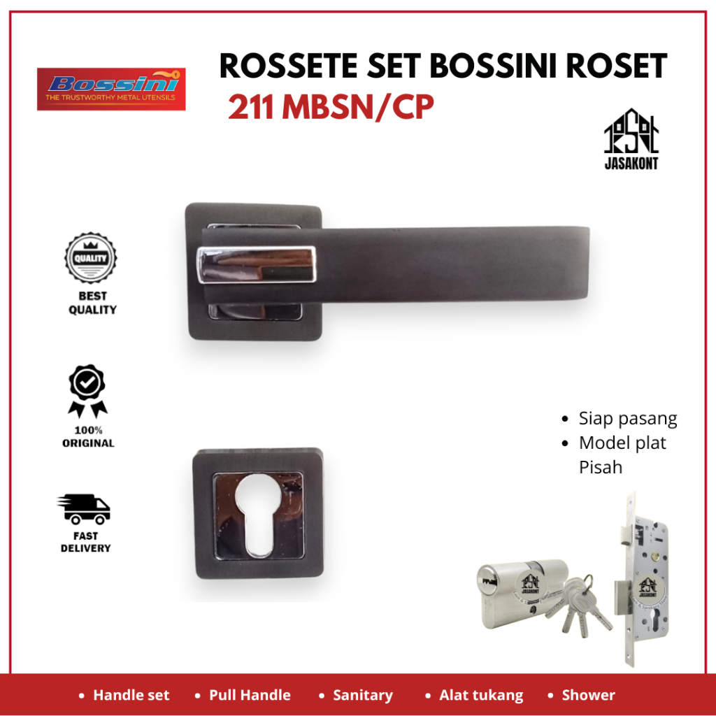 Handle pintu set Pisah Roset Hitam BOSSINI  211 MBSN CP lengkap kunci
