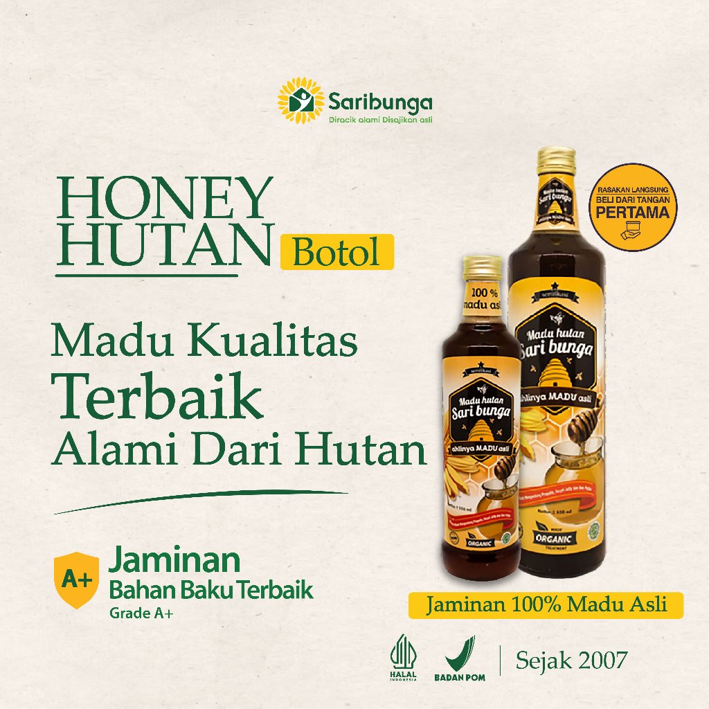 

Saribunga - Madu Hutan Liar 650ml - Madu Hutan Asli 100% Tanpa Campuran Apapun