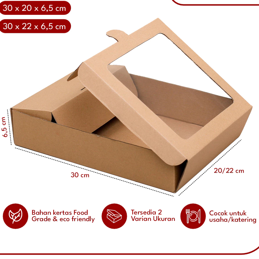 

Box Catering Dus Kue Kering Tradisional Sekat Box Window Mika Nasi Warna Coklat Polos Ukuran 30x22x6,5