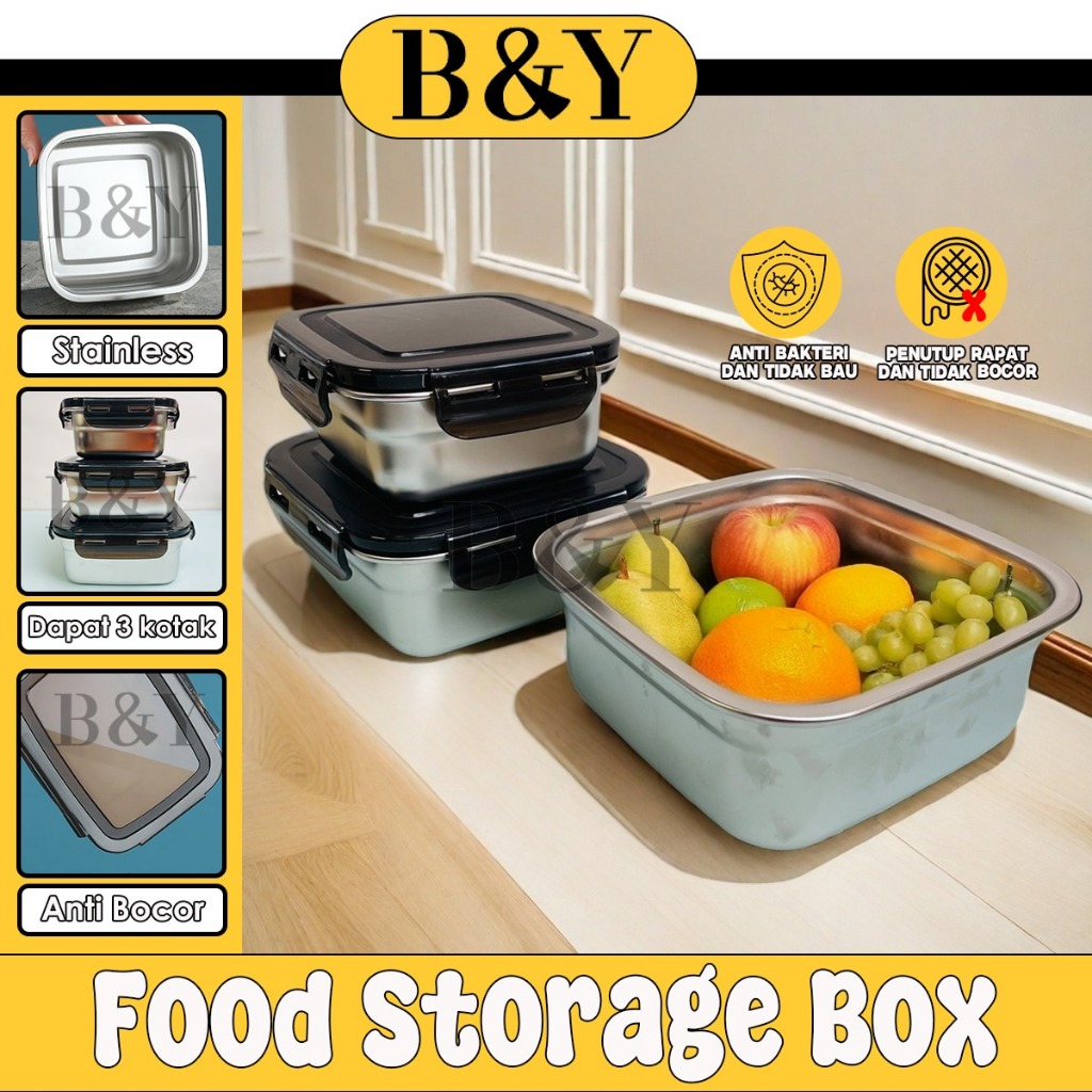 Kotak tupperware stainless foodgrade makanan penutup anti bocor kotak makan Persegi