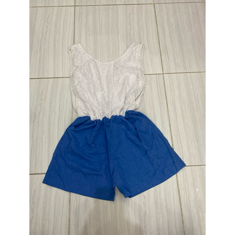 PRELOVED jumpsuit overall mini brokat denim kombinasi seksi outer punggung terbuka v backless ( stra