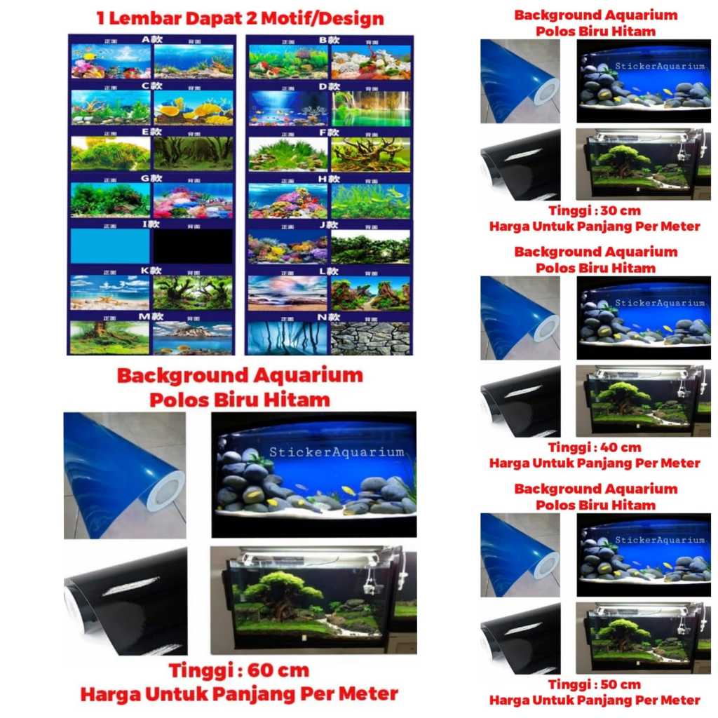 Background Aquarium MOTIF POLOS Tinggi 30 cm 40 cm 50 cm 60 cm Biru Hitam Glossy PER METER Sticker L