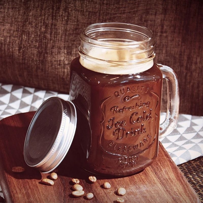 (COD) DRINKING JAR TUTUP STAINLESS/GELAS KACA 450 ML