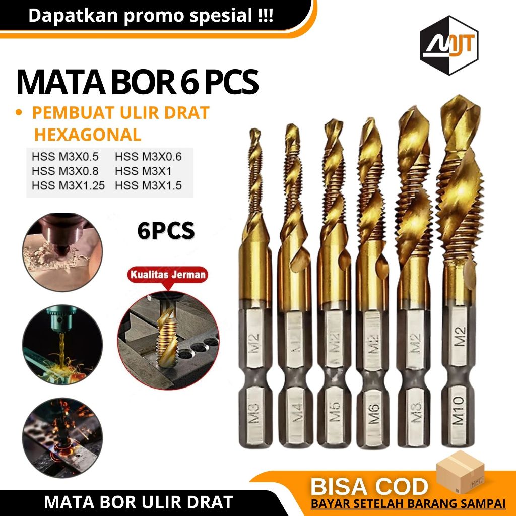 Mata Bor Pembuat Ulir Drat Drill Tap Set Hex Twist Spiral Tapper Baut Bit Drilling Tapping Deburring