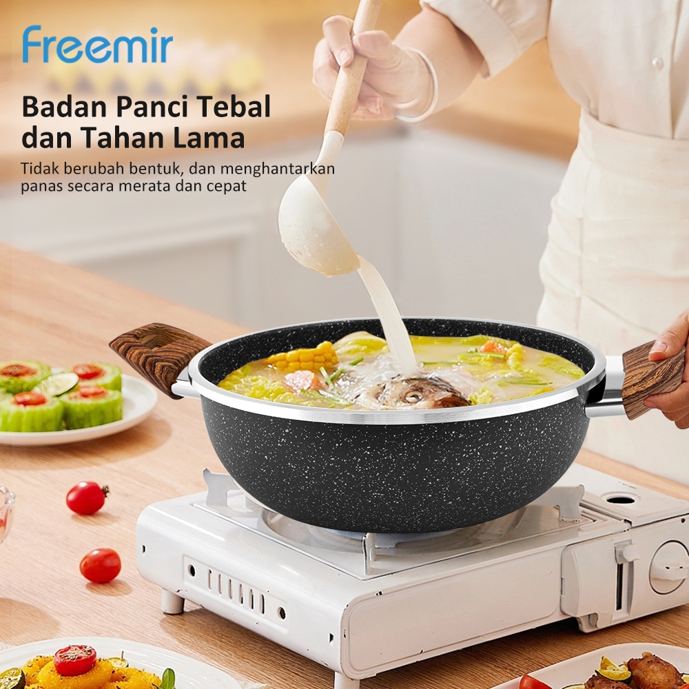 freemir Wajan Panci Kuping 24 CM Anti Lengket Woody Marble Tutup Kaca