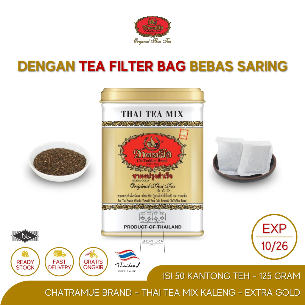 

Chatramue Brand Thai Tea Powder Mix Extra Gold Kemasan Kaleng Isi 50 Kantong Berat 125 Gram Original Thailand Teh Celup Filter Bag Instant Bebas Saring Rasa Flavour Bubuk Vanila Vanilla Flavour Cha Tra Mue