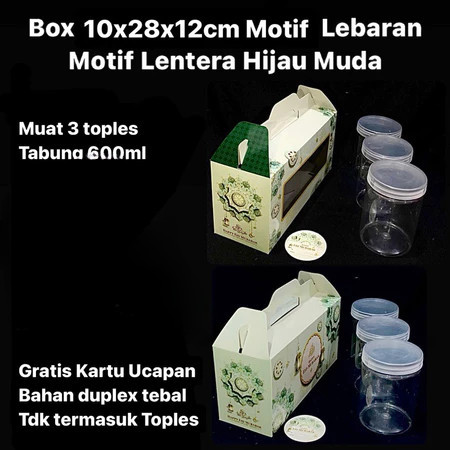 

( 5 pcs ) dus tenteng lebaran jendela mika muat 3 toples jar 600ml motif lentera hijau muda gable box edisi eid mubarak 10x28x12cm