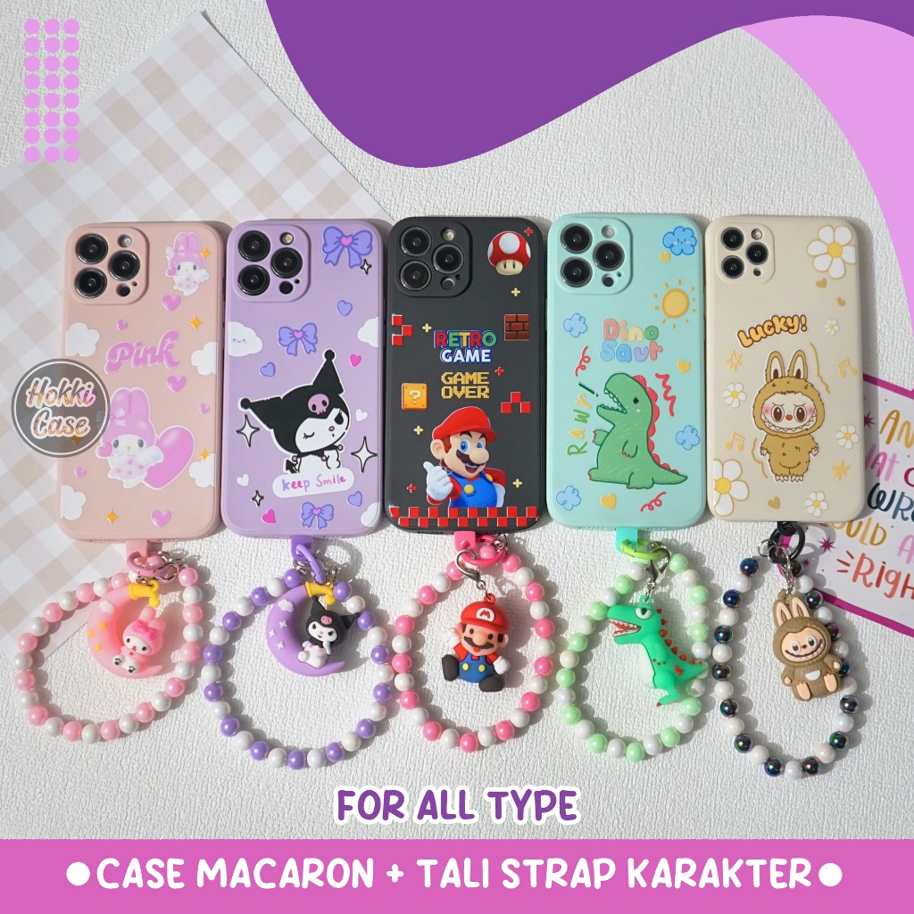 Softcase Macaron - Case Macaron + Tali Strap Karakter - Casing Karakter Samsung Oppo Vivo Infinix Re