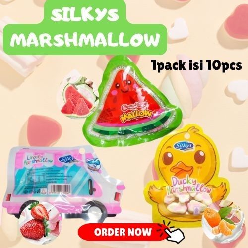 

Silkys Marshmallow 3 Rasa Manis 1 pack isi 10 pcs Aneka Bentuk Semangka Bebek Mobil TERMURAH/marshmallow/jajanan