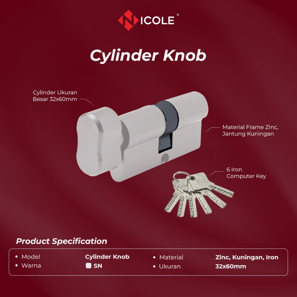 Nicole Big Cylinder Kunci Knob Besar 60mm 6 Anak Kunci Silinder Kunci Besar