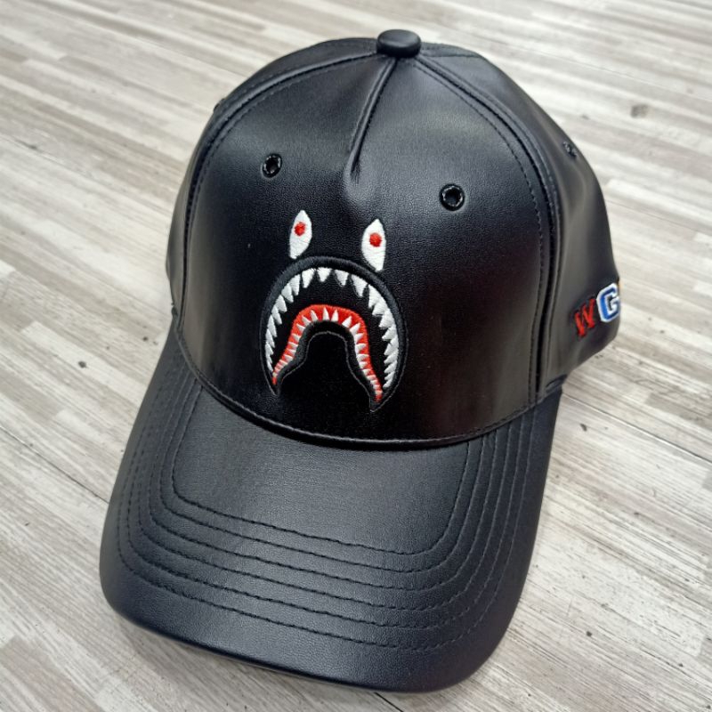 Topi baseball Leather Bape Shark topi baseball kulit unisex