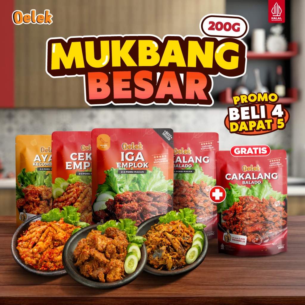 

[DAPAT 5 Pcs] Oelek Mukbang Besar 4 Lauk 200gr + Cakalang Balado 90gr (Beli 4 Dapat 5) Lengkap Oelek Semua Varian Ukuran Besar / Lauk Siap Saji