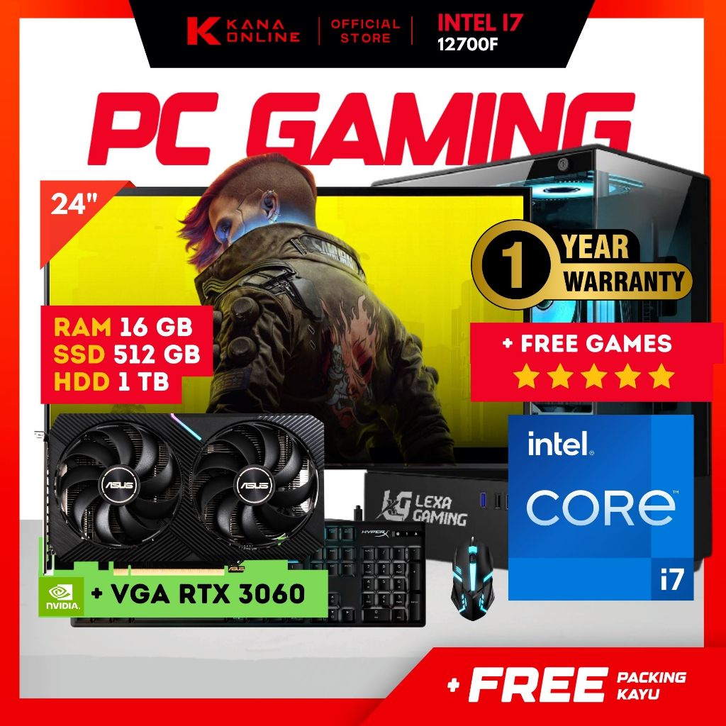PC Gaming Fullset Intel i7 12700F Ram 16gb NVME 512 VGA 4GB Lengkap LED 24