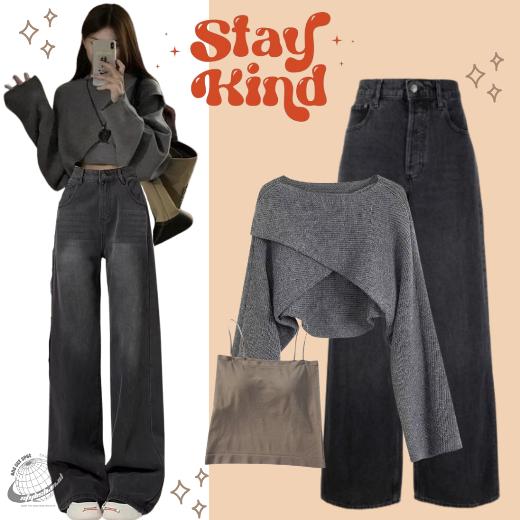 Tomboy Korean style (Cardigan Crop Abu + Tanktop Knit + Loose Jeans)LI043