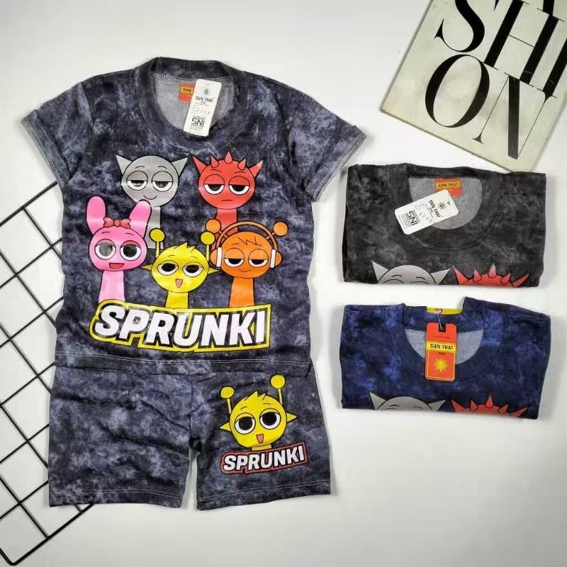 SETELAN BAJU ANAK LAKI-LAKI DAN PEREMPUAN BAHAN BEBY TERRY MOTIF SPRUNKI MODEL TERBARU LENGAN PENDEK