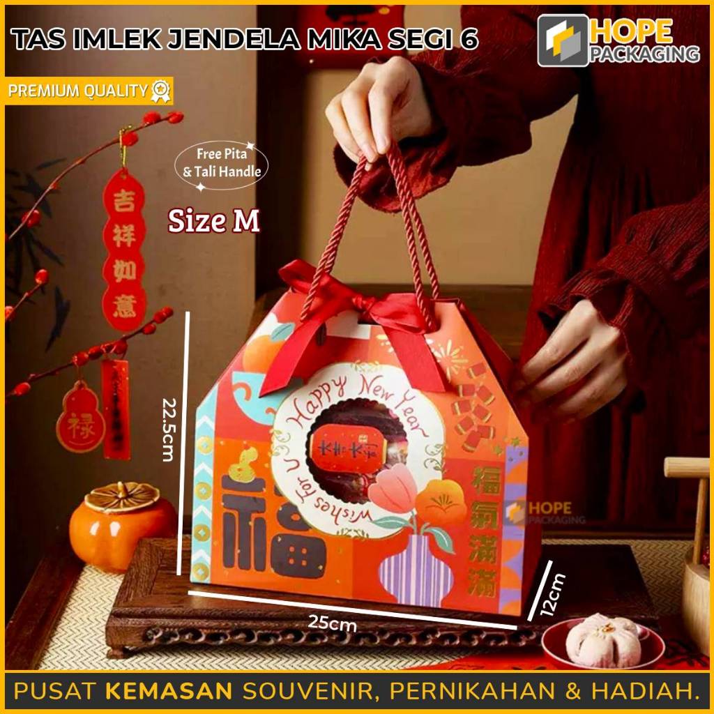 

Tas Imlek Jendela Mika Segi 6 / Tas Hampers Imlek / Parcel Bag Sincia / Box Toples Jar / Paper Bag Kue Keranjang / Box Imlek CNY