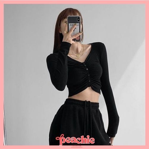 PEACHIE | BJ1691 Baju Croptop Kancing Depan Kaos CropTop Sexy Knit Serut Lengan Panjang Wanita Korea