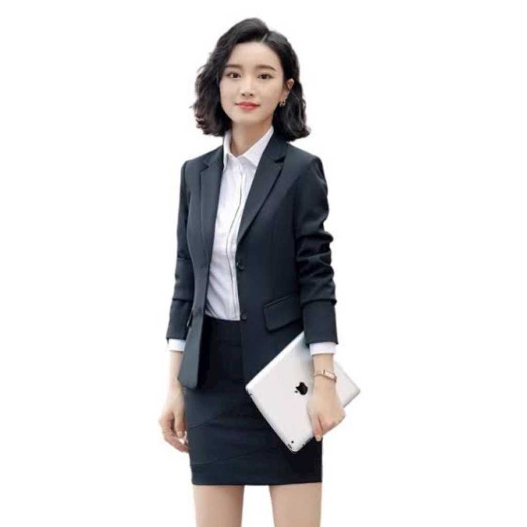 2 in 1 One Set Setelan Jas Blazer Full Puring dan Rok Pendek Wanita Dewasa Setelan Jas Fornal Kerja 
