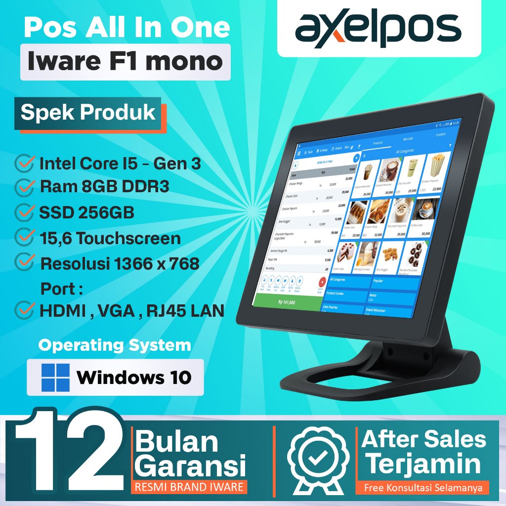 Axelpos Pos Pc All in One Mesin Kasir Touchscreen Single Display Intel Core i5 Iware F1 Mono