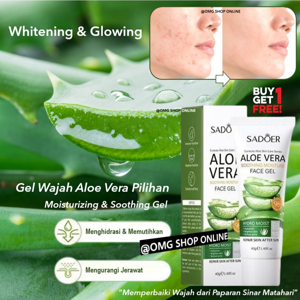 Beli 1 GRATIS 1  Sadoer Aloe Vera Gel Wajah Pemutih & Pembersih Wajah / Aloe Vera Gel Ori untuk Waja