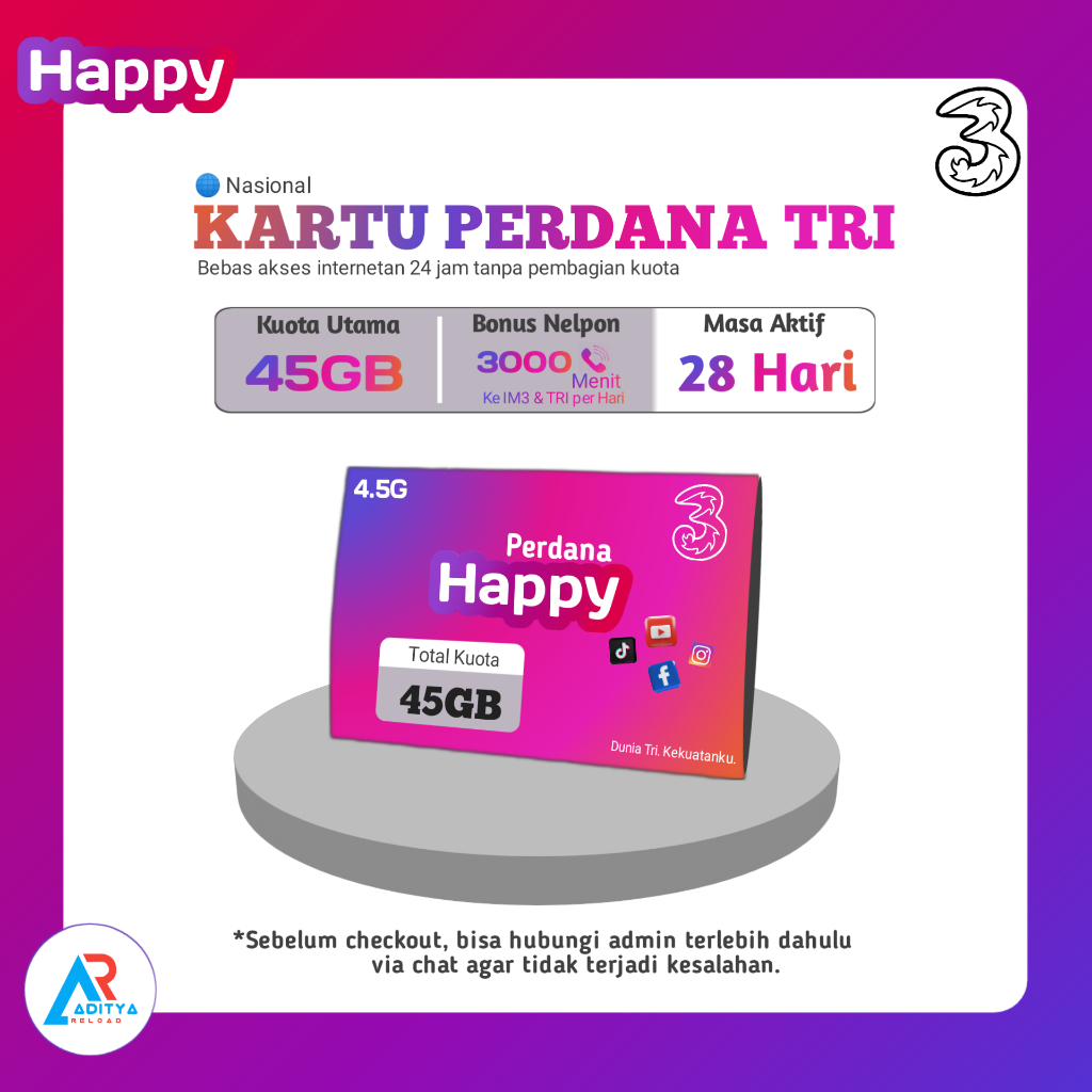 Kartu Perdana Tri Happy 45GB 28Hari