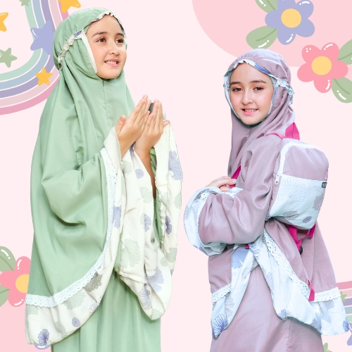 Mukena Anak Perempuan Katun Tas Ransel Gendong Resleting 2IN1 Premium  - Mukena Aulia