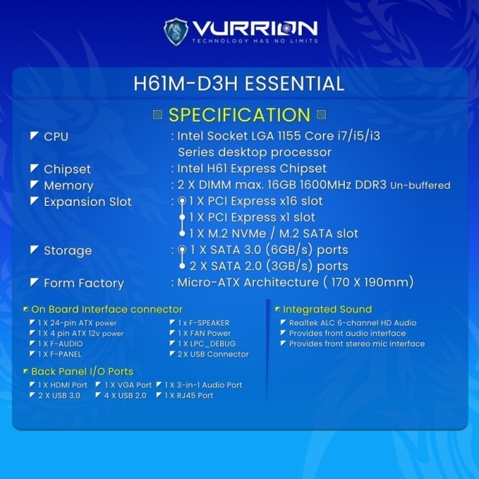TERLARIS MOTHERBOARD VURRION ESSENTIAL H61M-D3H LGA 1155 VURRION H61