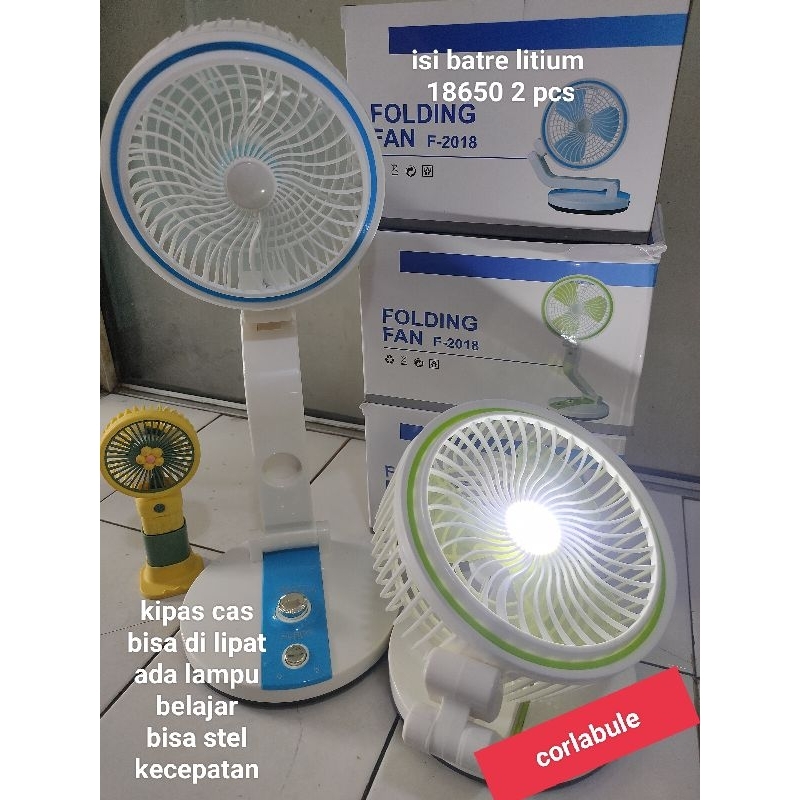 Kipas Angin cas, bisa dilipat, ada lampu belajar, Isi Batre 18650 2 pcs