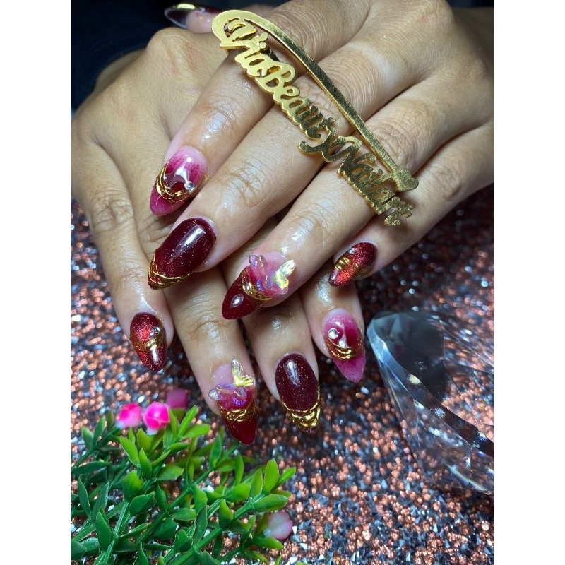 Press on nails / kuku palsu / gradasi merah marrun / ombre merah marrun / Chrome / acc kupu kupu 3d 