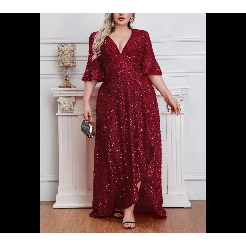 ECF-Gaun Pesta Sequeen Berlengan Big Size Jumbo Dress Part