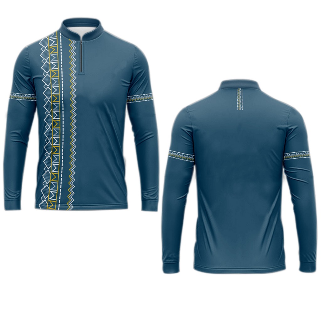 Baju koko muslim/garis-garis putih tajam dengan latar belakang biru tua yang dalam dan aksen emas/Ka