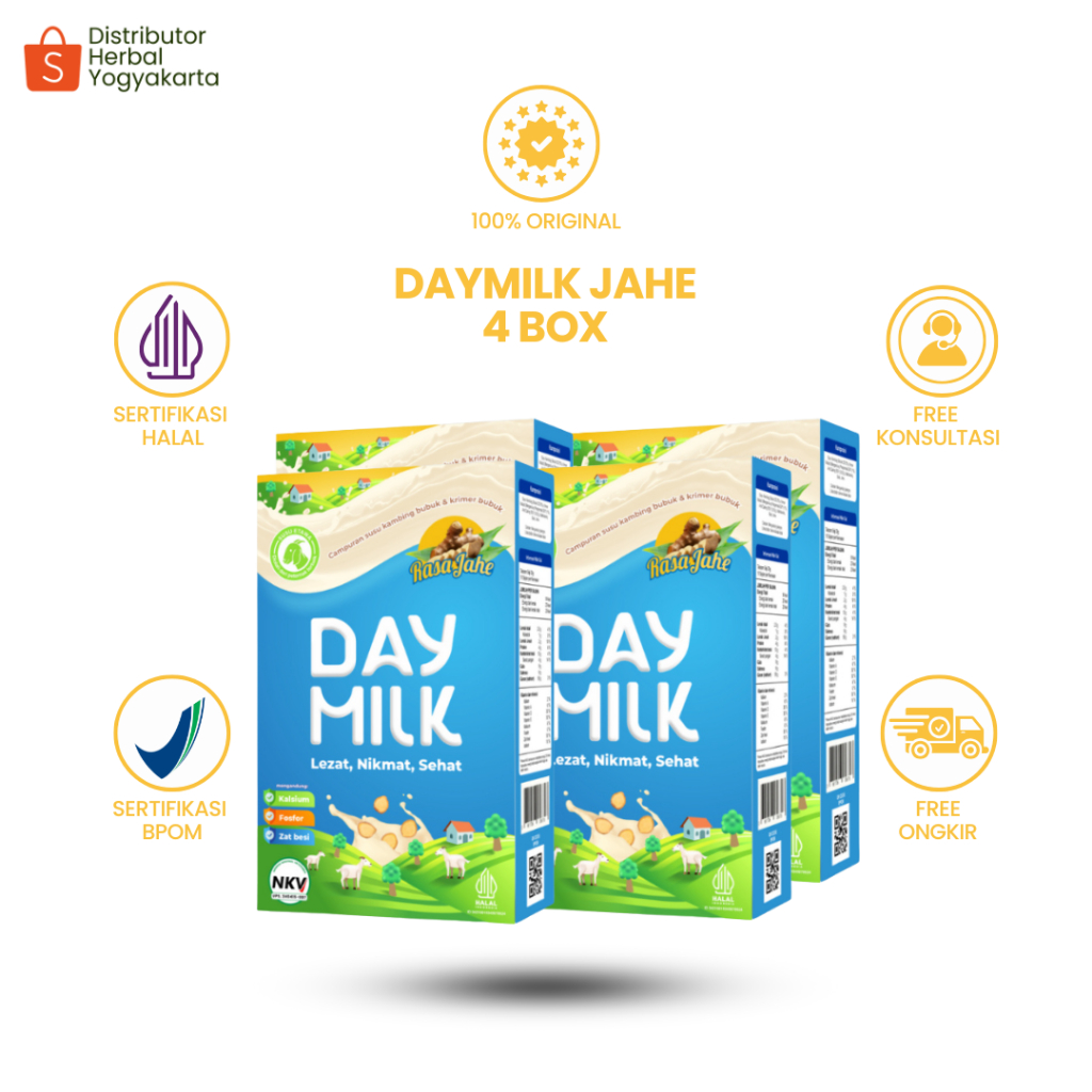 

Daymilk Rasa Jahe - Susu Kambing Etawa Untuk Tulang , Sendi , Pernafasan & Jantung - 4 BOX