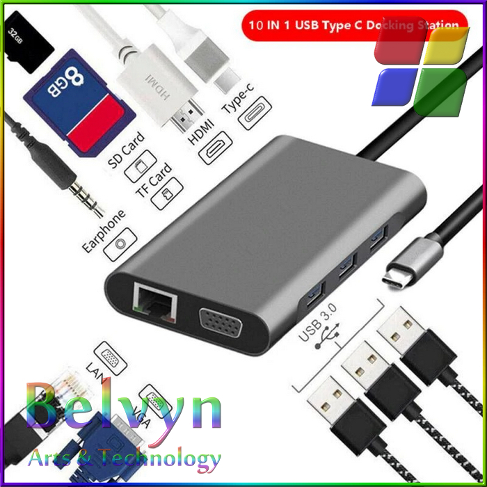 USB Type C Hub 10in1 HDMI+VGA+USB 3.0+RJ45+Card Reader - EASYIDEA VD76