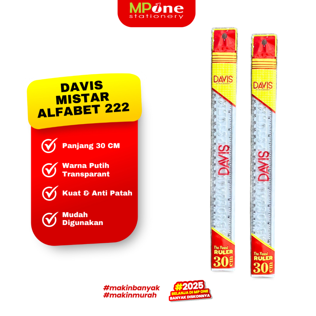 

Davis Penggaris Plastik 30CM / Mistar Plastik Alfabet / Mistar Penggaris Tebal 30CM DAVIS 222