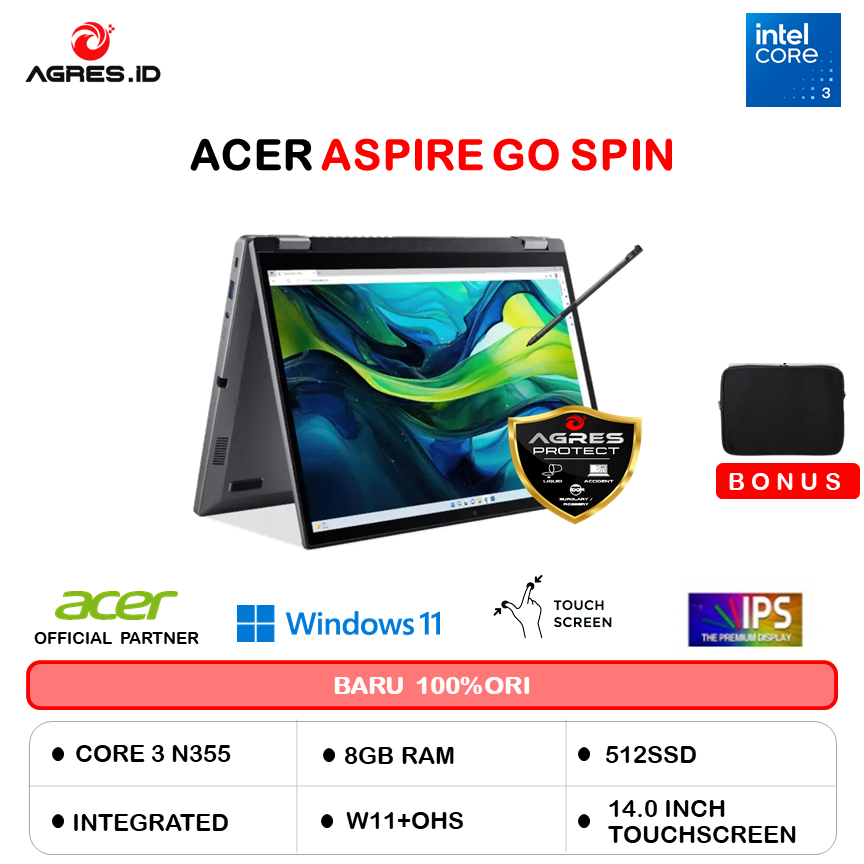 ACER ASPIRE GO SPIN AGSP14 TOUCH CORE 3 N355 8GB 512GB W11+OHS 14.0WUXGA PEN 2IN1 SLV -31PT-386W